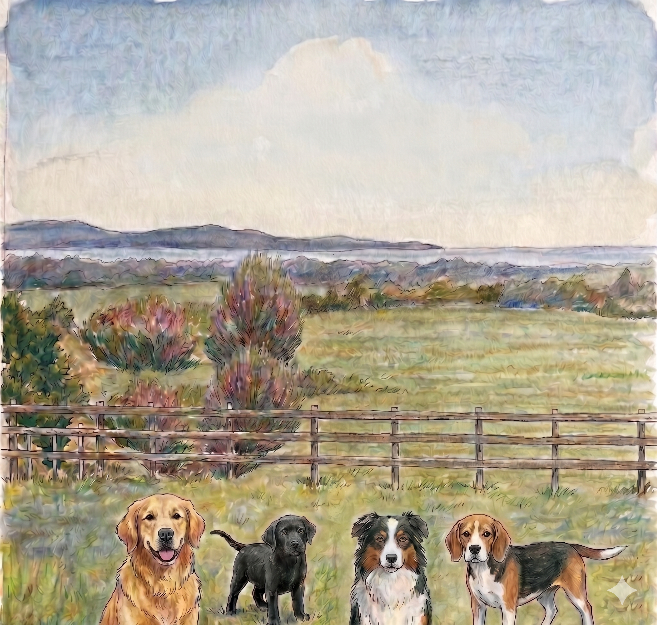 Atlantic View Boarding Kennels — Watercolor artwork of happy dogs in a lush green Irish countryside with Atlantic views